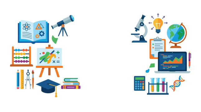 A vibrant vector illustration featuring various educational and scientific icons, representing themes like STEM, art, and academic learning.