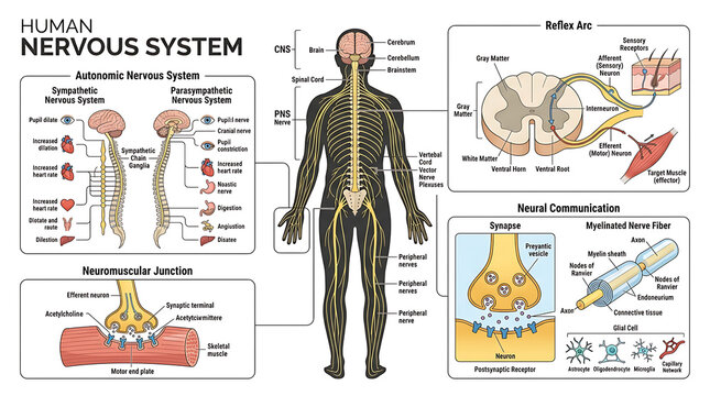 Detailed Medical Illustration of the Human Nervous System including Reflex Arc, Autonomic System and Neuromuscular Junction