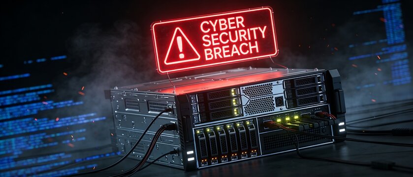 Red neon cyber security breach warning glowing over hardware servers in data center.