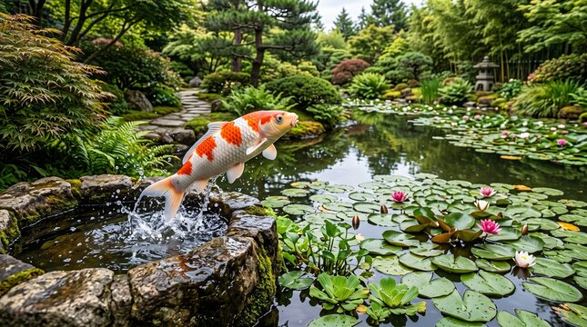 Japanese koi fish jumping from stone basin, serene zen garden pond with water lilies, traditional oriental landscape with orange and white koi carp