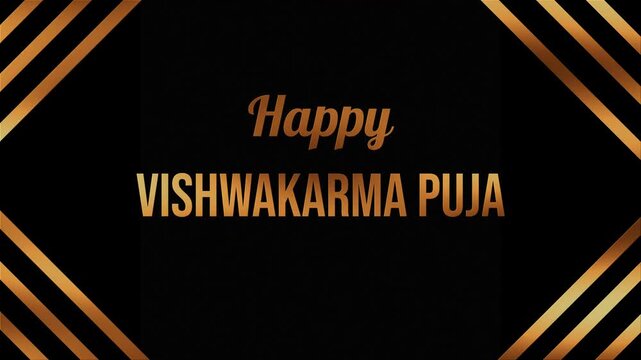 Luxury golden text on black background celebrates Vishwakarma Puja. Elegant geometric patterns frame the festive message. Ideal for greeting cards or event promotions