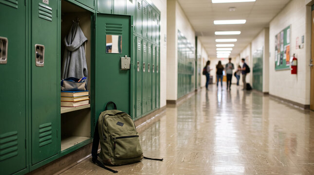 Green school lockers in hallway with one open door showing books and backpack on floor with students in background