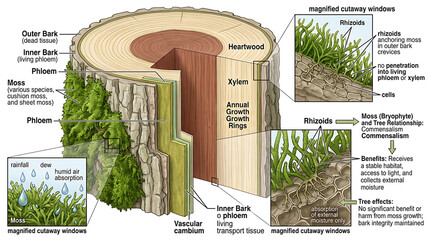 Detailed scientific illustration of a tree trunk cross-section showing bark layers and symbiotic moss growth © Nur