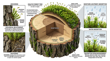 Detailed Botanical Diagram Showing Tree Trunk Anatomy and Moss Nutrient Absorption in Forest Ecosystems © Nur