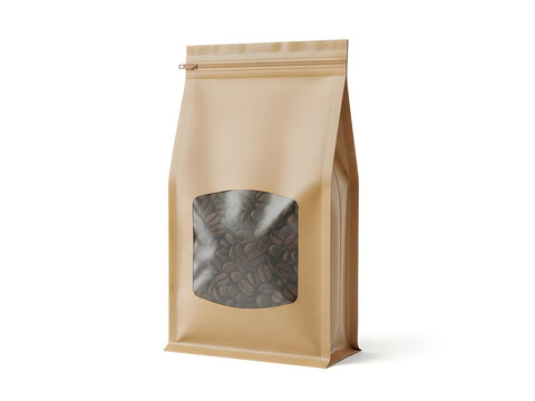 Brown paper coffee bag with window and coffee beans isolated on white background