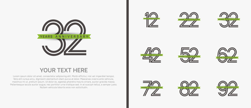 anniversary logo set with green ribbon. black number on white background for celebration moment