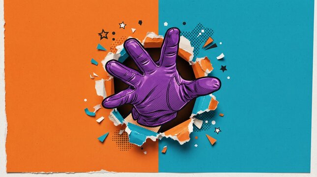 Comic book style purple hand bursting through paper, pop art superhero hand breaking orange and blue background, creative torn paper hole effect