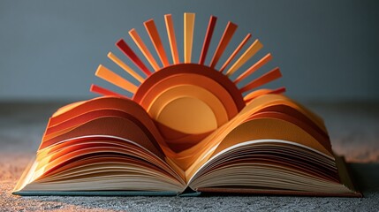 Fototapeta premium Paper craft pop-up book lying open with a layered paper sunrise over hills, storytelling imagination and reading concept
