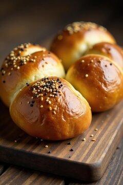 Golden challah, sesame & poppy seeds, rustic wood , culture, wheat, delicious