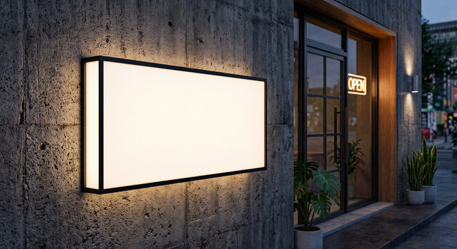 Blank rectangular white acrylic lightbox sign mockup mounted on raw textured concrete wall of restaurant entrance.