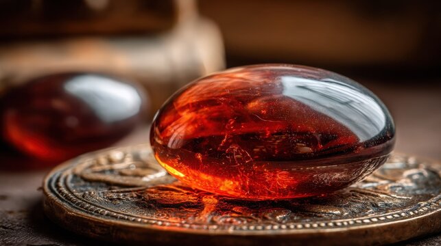 A deep red garnet cabochon gemstone with a smooth, rounded surface showcased on an ornate metallic plate.
