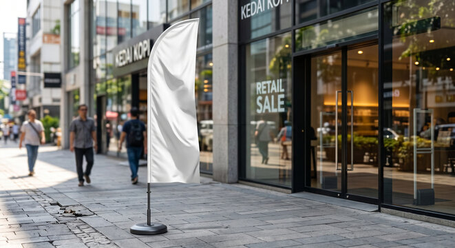 Blank minimalist white feather flag banner mockup standing on sidewalk in front of modern glass storefront.