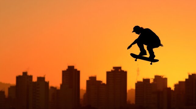 Skateboarder jumping against city sunset