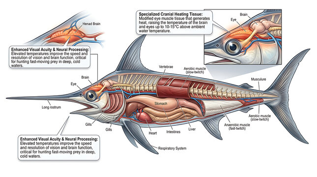 Detailed swordfish internal anatomy and thermal biology on a white background
