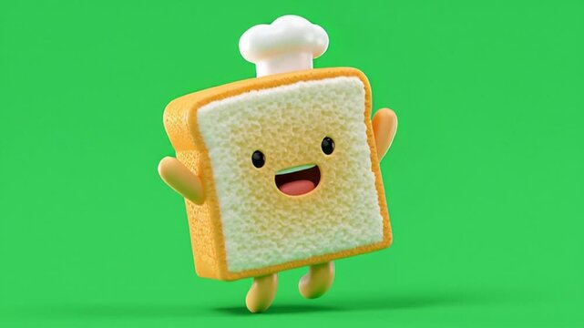 A 3D cartoon of a slice of bread dancing joyfully and energetically against a green background; it has sausage-like, curved arms and legs without fingers and is wearing a chef's hat.