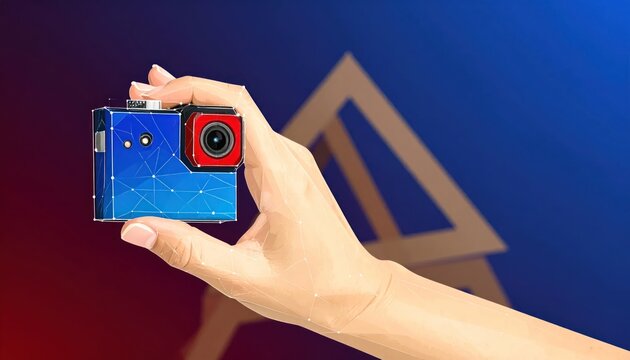 Polygonal hand holding a futuristic blue and red action camera with geometric network pattern on a gradient background with abstract shape.