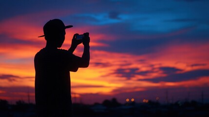 Fototapeta premium Silhouette taking photo during sunset
