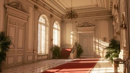 Obraz premium Elegant Grand Hallway with Luxurious Decor and Natural Light Streaming Through Large Windows