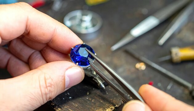 Close-up of a skilled jeweler's hands meticulously setting a brilliant blue gemstone into a precious metal ring setting using specialized tweezers in a workshop