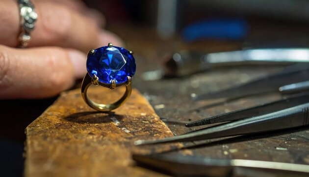 Close-up of a stunning deep blue sapphire gemstone ring with a golden band exquisitely crafted by a jeweler on a textured workbench