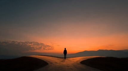 Fototapeta premium Person standing at crossroads during sunset