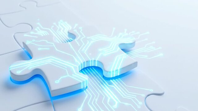 Artificial intelligence recruitment puzzle piece circuit technology white background, jigsaw puzzle pieces with data network, glowing circuit