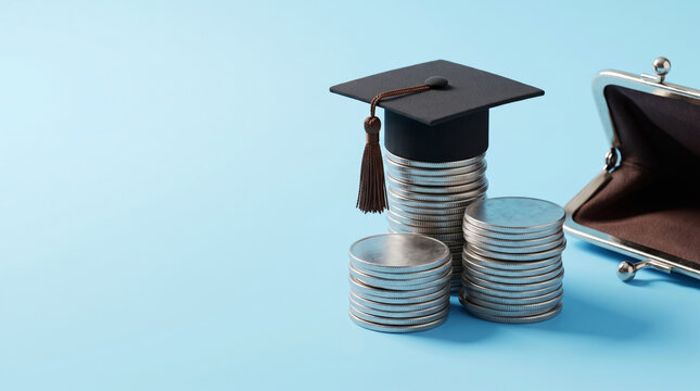 Coin graduation cap wallet saving money school cost silver coin blue background. Education learning study graduation. back school shopping, finance budget cost planning, scholarship loan