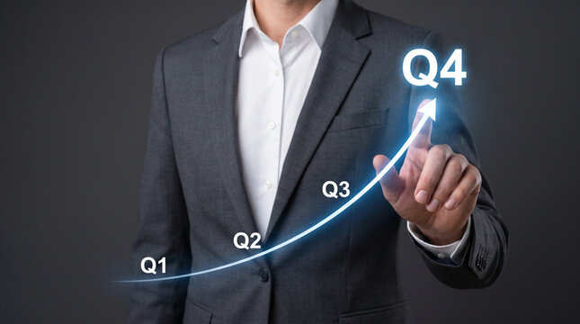 Confident businessman pointing upward arrow showing quarter growth. . Business financial strategy planning. statistic chart report, revenue profit, performance progress success