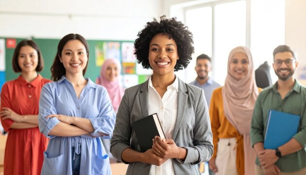 Diverse group of multiethnic teachers and educators standing together in a bright modern classroom smiling confidently at the camera.
