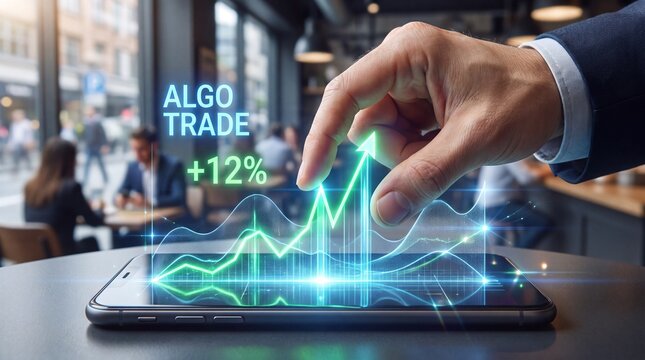 Hand interacting with holographic algorithmic trading chart on smartphone in cafe
