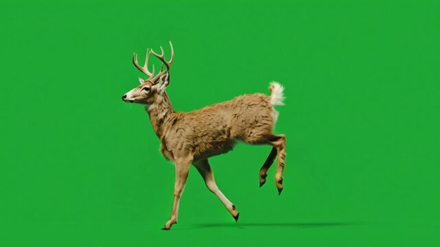 A deer with antlers running quickly across a green background in a full body side shot image green screen animal video