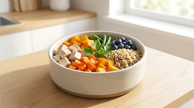 Healthy vegan buddha bowl with tofu roasted pumpkin blueberries and grains in a light kitchen setting. DIY canine diet