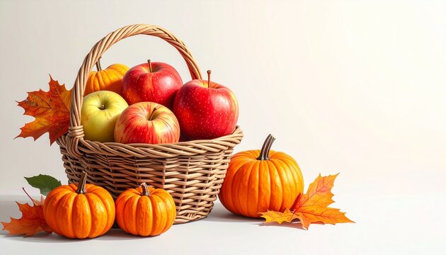 A woven basket overflowing with ripe apples and small pumpkins, surrounded by autumn leaves. This bountiful harvest arrangement evokes feelings of Thanksgiving and the fall season.