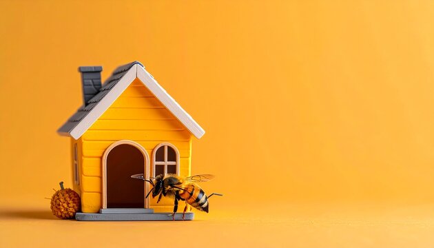 A miniature yellow house with a bee in front of the entrance, symbolizing home and nature or perhaps pest control