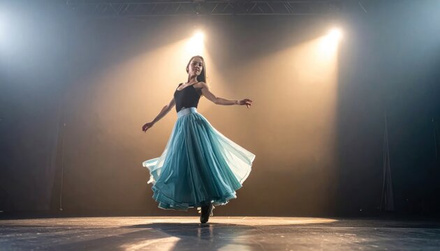 Elegant female dancer with flowing blue skirt captured mid-spin on a dark stage dramatically illuminated by warm spotlights showcasing grace and artistic movement