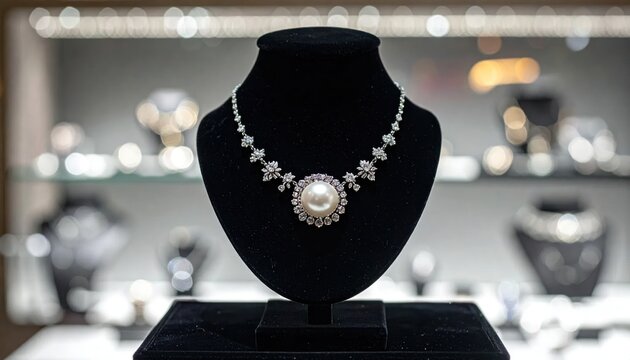 Elegant large pearl and crystal necklace featuring a brilliant central pearl gracefully displayed on a black velvet mannequin stand exuding timeless luxury.