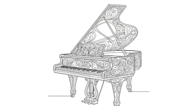 Ornate patterned grand piano line art drawing.