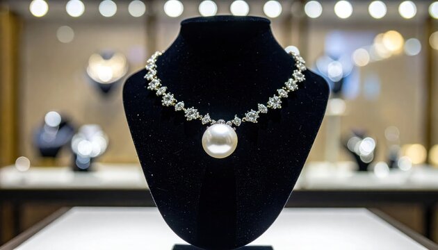 Elegant pearl and diamond necklace with sparkling gemstones displayed on a black velvet bust in a luxury jewelry store with bokeh lights