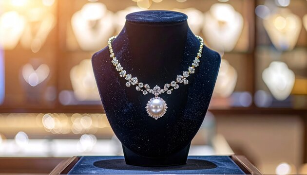 Exquisite pearl and brilliant diamond necklace showcasing a large central pearl elegantly presented on a black velvet display bust in a luxurious jewelry store.