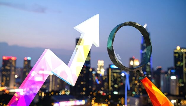 Faceted geometric growth arrow and magnifying glass observing a modern city skyline at dusk symbolizing business analysis and financial increase concept.