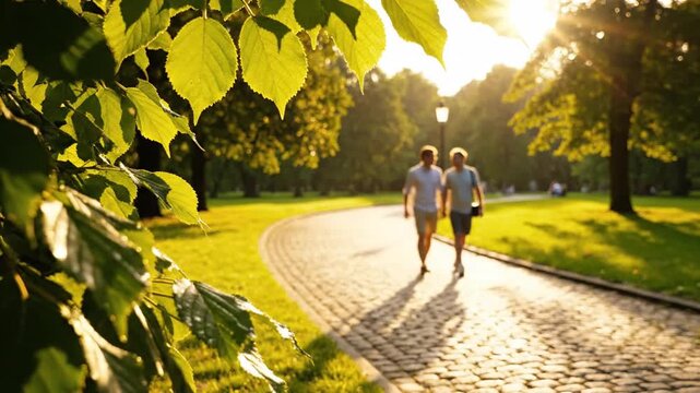 Friends walk together along a paved garden path as the warm evening sun creates long shadows and highlights the lush green leaves in the foreground of this peaceful park scene during golden hour.
