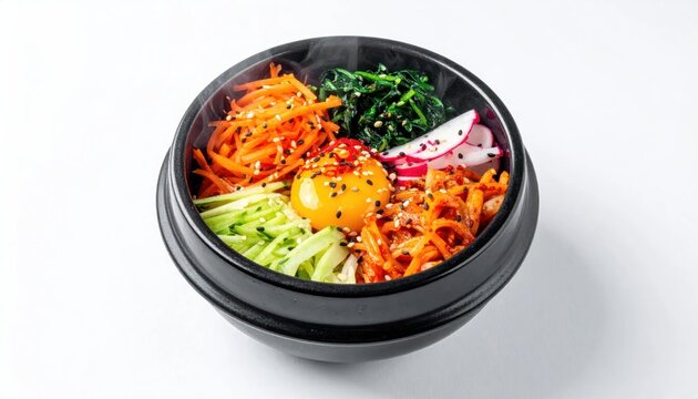 Freshly prepared steaming Korean Bibimbap dish in a dark stone bowl featuring colorful vegetables raw egg yolk and sesame seeds.