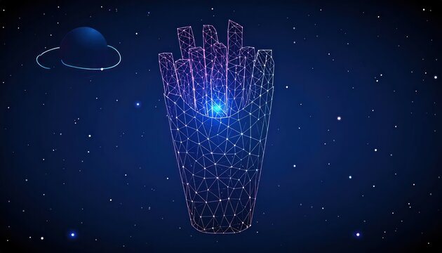 Futuristic glowing wireframe french fries in a polygonal container against a deep blue starry cosmic background with a distant ringed planet