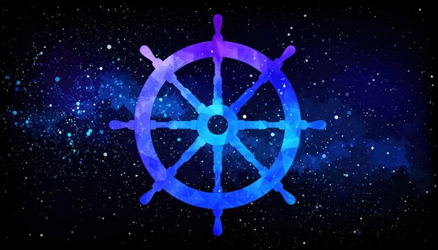 Geometric ship's wheel vibrant blue and purple polygonal helm glowing against a dark starry cosmic background representing navigation and exploration.
