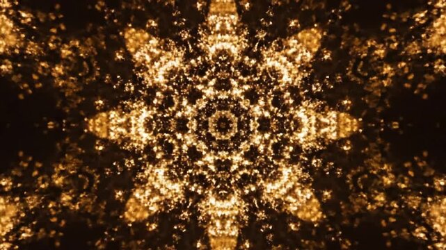 Mandala sparkles illuminate the darkness with a glowing golden symmetry that radiates outward in a complex geometric pattern which creates a meditative atmosphere for spiritual and creative projects.