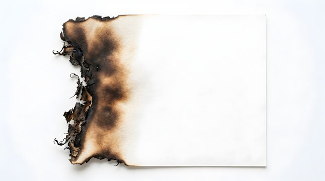 Blank white paper sheet with scorched burnt edges isolated on a white background for creative design