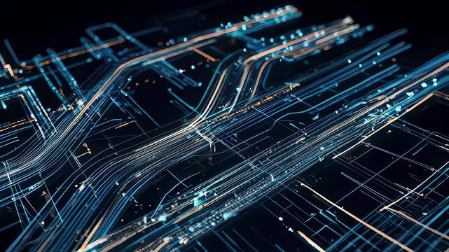 Abstract light trails flowing through a digital network. Glowing blue data lines moving in a futuristic cyberspace environment. Information transmission technology.