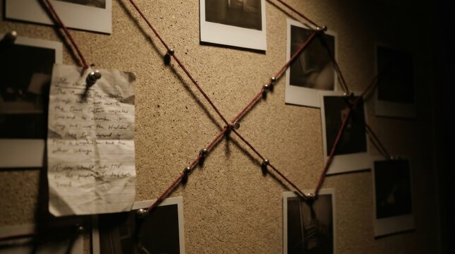 Corkboard with polaroid photos with photos handwritten notes pinned red string string tacks crime scene investigation detective