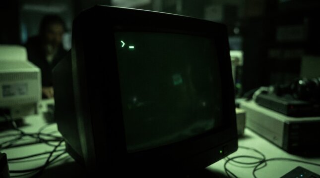 Old computer monitor on cluttered desk in dimly lit room with various electronic devices electronics technology workspace with dark