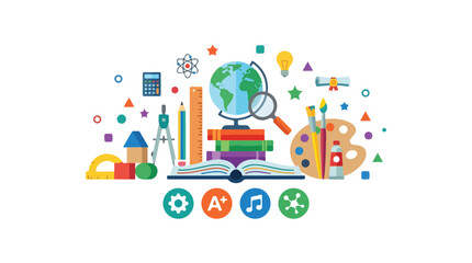 Naklejka premium This vibrant vector illustration showcases a variety of school supplies and educational icons, representing a diverse and engaging learning environment.